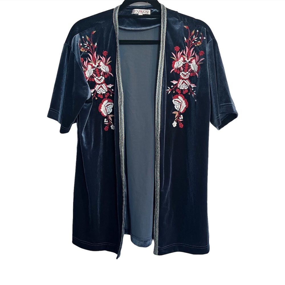 Joy Joy (Vintage) | Navy Velour Floral Embroidered Short Sleeve Cardigan S/M